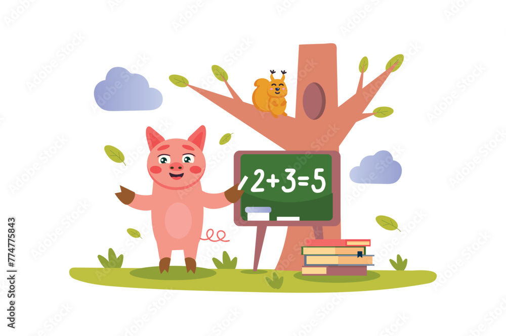 Poster great work concept with character scene in flat cartoon design. a cute pig solves a math problem in 