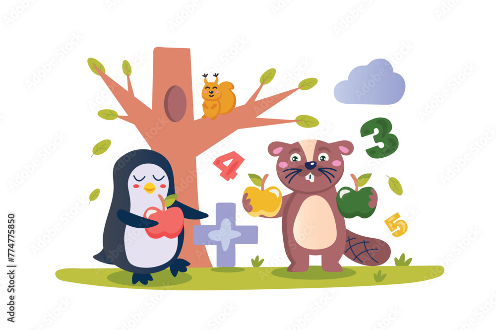 Poster math lesson concept with character scene in flat cartoon design. a little penguin and a cute beaver 