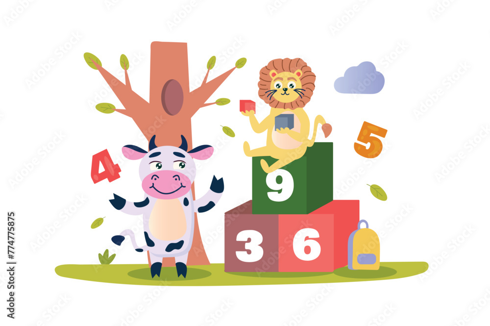 Poster childrens blocks concept with character scene in flat cartoon design. the little cow and the lion le