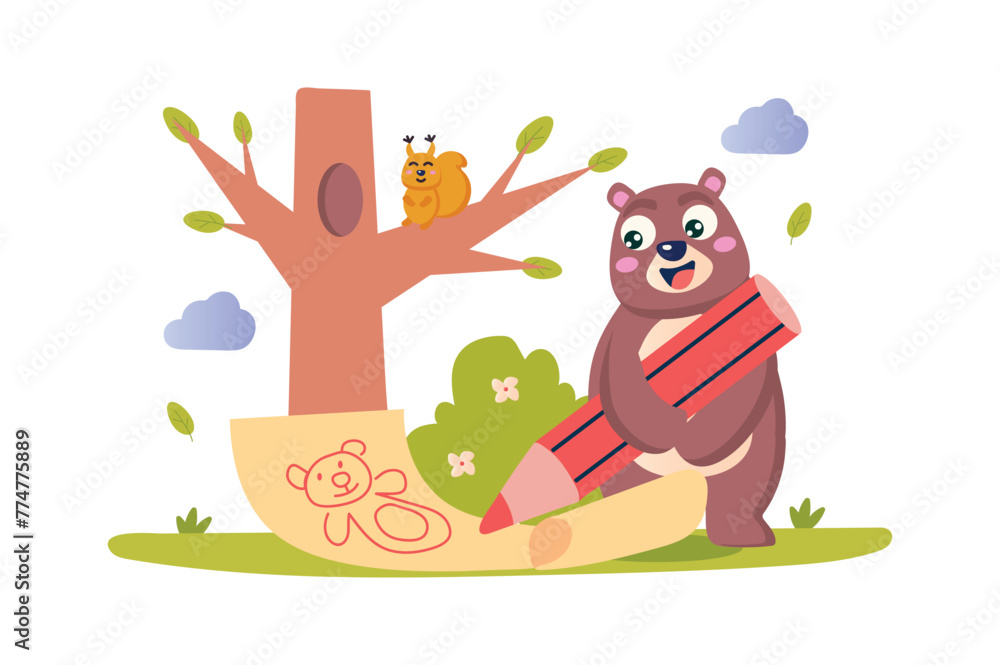 Poster drawing lesson concept with character scene in flat cartoon design. a very cute bear learns to draw 