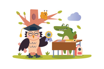 Teachers praise concept with character scene in flat cartoon design. The owl teacher presents an award to her crocodile student for academic success. Vector illustration.