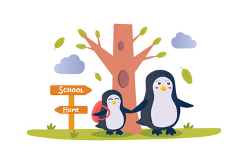 Go to school concept with character scene in flat cartoon design. Mother penguin takes her child to school. Vector illustration.