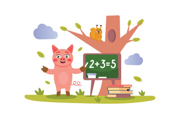 Great work concept with character scene in flat cartoon design. A cute pig solves a math problem in front of the blackboard. Vector illustration.