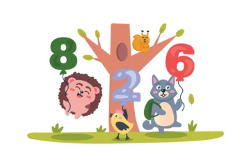 Wandaufkleber Flying numbers concept with character scene in flat cartoon design. Forest animals, a hedgehog, a wolf and a bird, hold number balloons on the way to school. Vector illustration. © Andrey