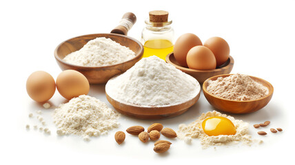 Baking ingredients displayed: flour, eggs, almonds, oil, wheat germ on white