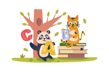Foto op Canvas Happy education concept with character scene in flat cartoon design. Cute panda and cat are happy to study at school. Vector illustration. © Andrey