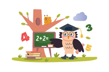 Owl education concept with character scene in flat cartoon design. A cute owl in the middle of the forest teaches math. Vector illustration.