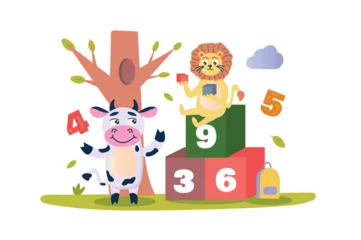 Fototapeten Childrens blocks concept with character scene in flat cartoon design. The little cow and the lion learn numbers by playing with cubes. Vector illustration. © Andrey