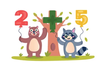 Foto op Canvas Math lesson concept with character scene in flat cartoon design. A bear and a raccoon have fun teaching math with balloons. Vector illustration. © Andrey