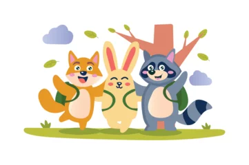 Fototapeten Happy friends concept with character scene in flat cartoon design. Schoolchildren fox, rabbit and raccoon are happy and cheerful together. Vector illustration. © Andrey