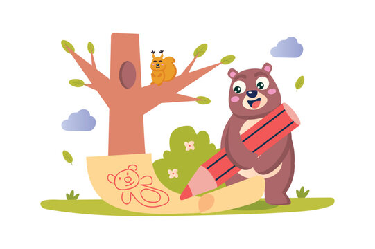 Drawing lesson concept with character scene in flat cartoon design. A very cute bear learns to draw in the middle of the forest. Vector illustration.
