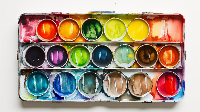 A well-used watercolor paint set with vibrant colors in a metal box on a white background.