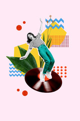 Sketch image composite trend artwork 3D photo collage of black white silhouette young lady shocked dance on huge vinyl record music play