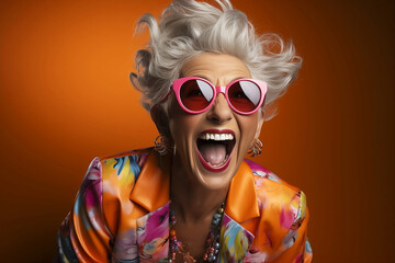 Funny happy blonde woman in pink sunglasses