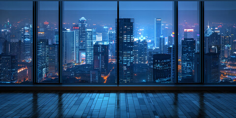 city in the night, Empty concrete floor in the foreground city skyline at night. 