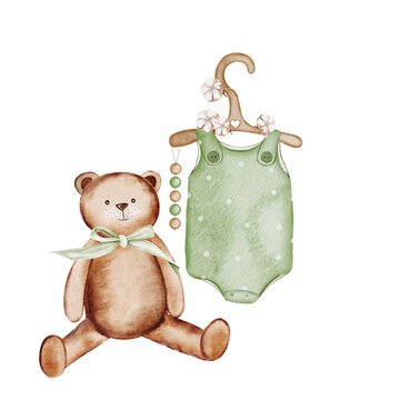 recommend clip art: Baby set in vintage style. Watercolor hand drawn set of children's clothes and accessories with a teddy bear. Clip art isolated on white background. Ideal for designing baby shower and birthday