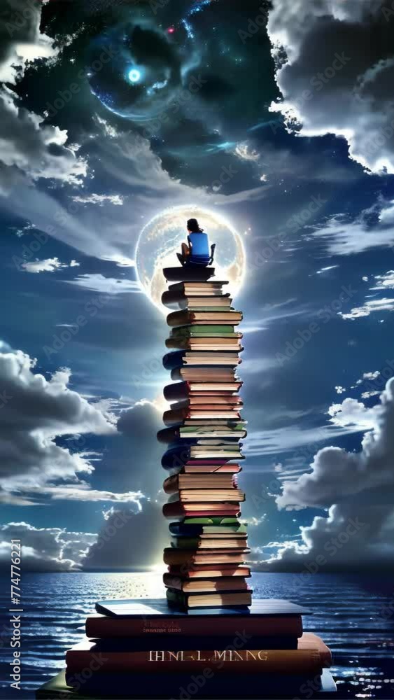 Poster a person sits atop a towering stack of books under a cosmic sky, with a celestial light circling abo