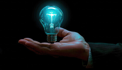A hand holds a glowing light bulb symbolizing innovation and creative thinking for business concepts against a black background. A businessman in a suit holds his hand out to a digital virtual icon © Michael