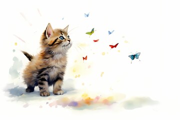 A playful kitten chasing a colorful butterfly in a minimalist style, exuding a sense of joy and...