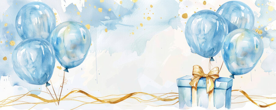 Elegant Watercolor Style Celebration Card with Balloons and Gift Box. An artistic watercolor style illustration of blue balloons tied with golden ribbons and a blue gift box with space for text.