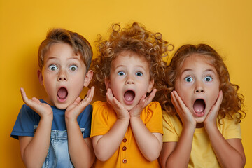 Surprised little kids on a yellow plain background banner poster.