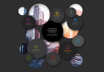 Vector dark minimalist Infographic template with circles mosaic and background photo placeholder