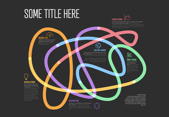 Dark Infographic with colorful swirling curves in big tangle with placeholder text icons for various data points