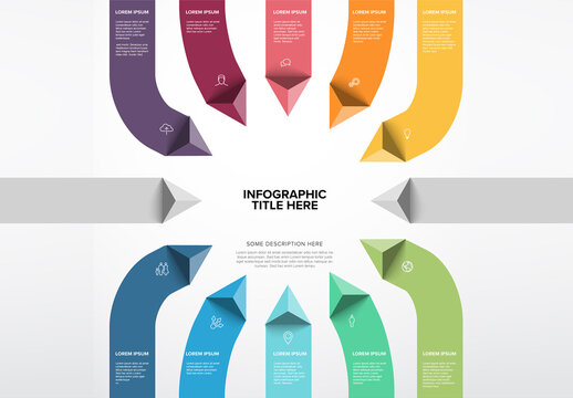 Multipurpose Light Infographic template with ten pastel vertical color stripes with triangle arrows elements