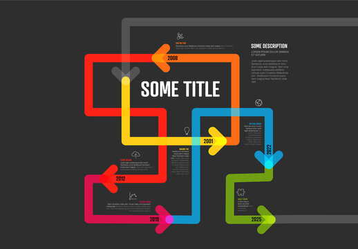 Infographic dark tangle timeline template made of thin arrows on color line