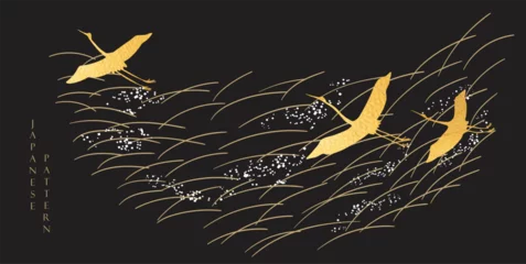 Foto op Plexiglas Japanese background with crane birds or herons element vector. Hand drawn wave decorations in vintage style. Black and gold. © Marukopum