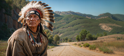 An Native American man wearing traditional clothing and a feather headdress stands on a dirt road in front of a mountainous background.