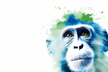 A playful monkey face in green and blue on a white background