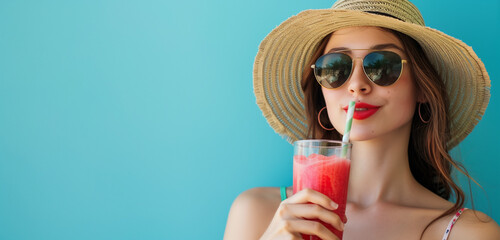 Fashionable Woman Enjoying a Refreshing Smoothie on Summer Day On Blue Background - obrazy, fototapety, plakaty
