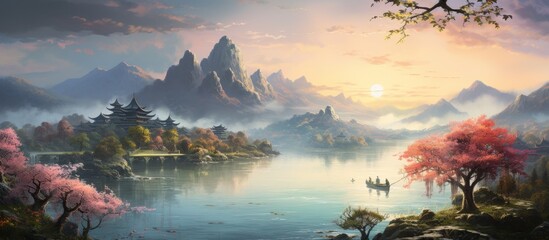 A serene and peaceful painting of a mountain landscape with a calm lake reflecting the clear blue sky, featuring a small boat on the water - obrazy, fototapety, plakaty