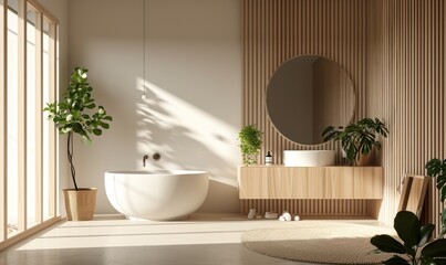 Wooden bathroom interior decoration with a white tub near sinks on the countertop and mirrors and a tree in a pot. Mockup bathroom design
