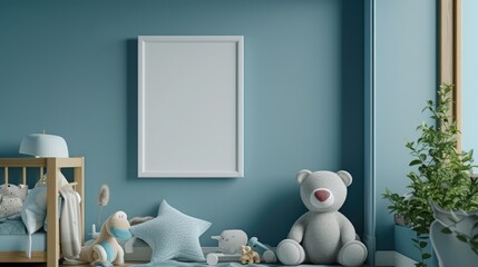 Children room interior with doll decoration and lovely furniture, blank picture frame on blue pastel wall