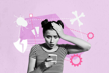 Creative collage young afraid frustrated stressed girl internet web security cyber defense...
