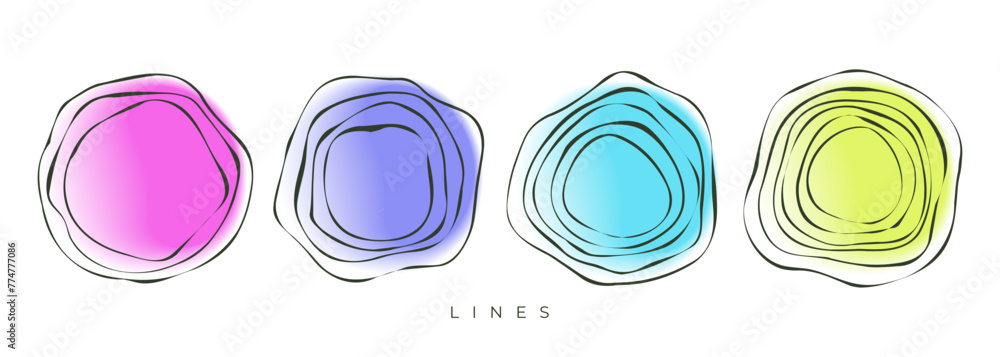 Aufkleber Set of hand drawn line circles. Round shapes. Soft color gradients. Continuous black line. Sketch outlines for creative graphic design. Vector illustration.	