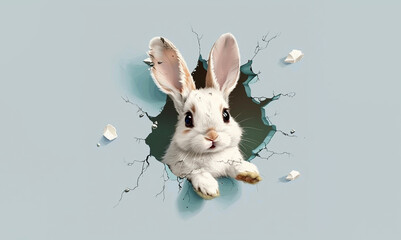 Poster of Easter cute cartoon bunny looking out of a hole in the wall with copy space, bunny jumping out of a torn hole