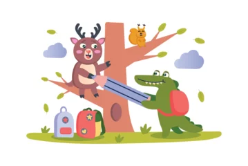Poster Friends concept with character scene in flat cartoon design. A little deer and a cute crocodile are having fun in the forest on the way to school. Vector illustration. © Andrey