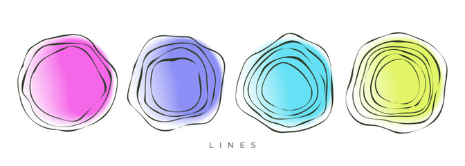 Set of hand drawn line circles. Round shapes. Soft color gradients. Continuous black line. Sketch outlines for creative graphic design. Vector illustration.	