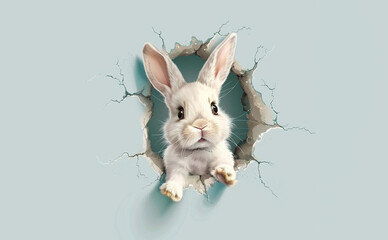 Poster of Easter cute cartoon bunny looking out of a hole in the wall with copy space, bunny jumping out of a torn hole