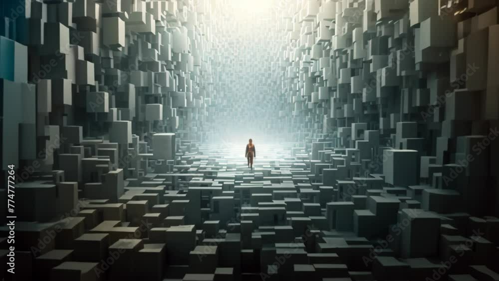 Poster a person stands in a room filled with numerous cubes, creating a captivating visual, monochromatic c