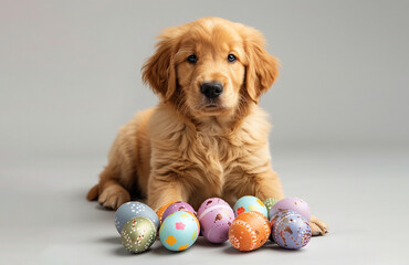 dog golden retriever puppy with easter eggs. easter concept