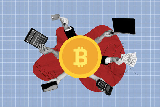 Creative collage picture human arms holding smartphone device digital online payment buy purchase computer terminal bitcoin trading - Powered by Adobe