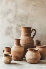 Traditional hand-made clay or ceramic products such as vases, jugs, cups in sunlight. Assortments craft pottery.