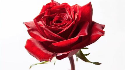 A close-up of a red rose with its petals fully open, against a white background.
