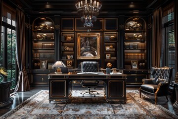Luxurious Home Office with Classic Wood Design - obrazy, fototapety, plakaty