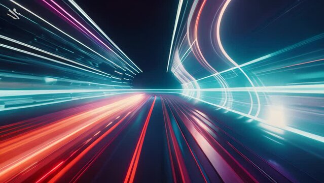 Captivating long exposure image displaying a brightly lit tunnel, conveying a sense of motion and depth., One-point perspective of a high-speed data transfer tunnel, AI Generated