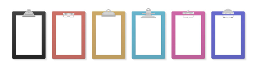 Notepad information board. Business board with clip. Empty clipboard with blank white paper sheet for mockup. Clipboard and paper sheet page. Free space for text. Illustration in flat design.